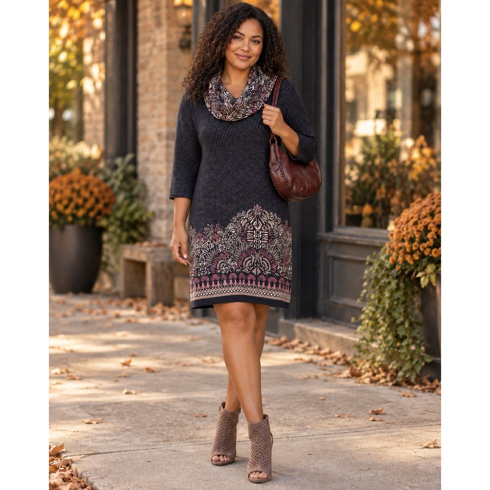 Anthropologie Moth Navy Pink Intarsia Cowl Neck Sweater Dress Wool Blend Medium